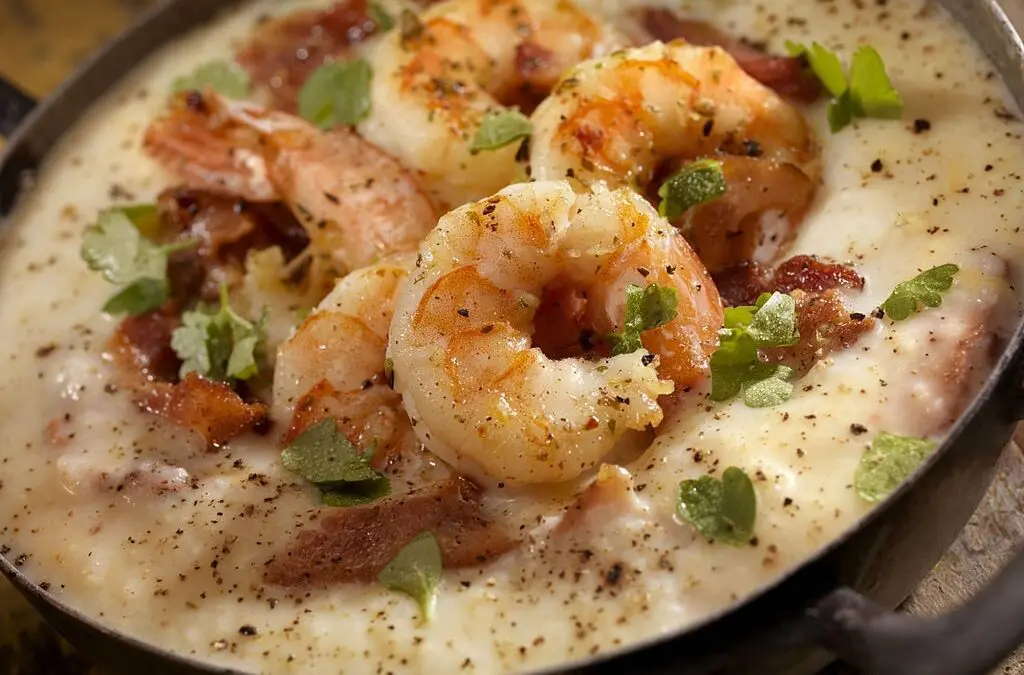 Creamy Grits with Shrimp, Bacon and Fresh Parsley - Photographed on Hasselblad H3D2-39mb Camera